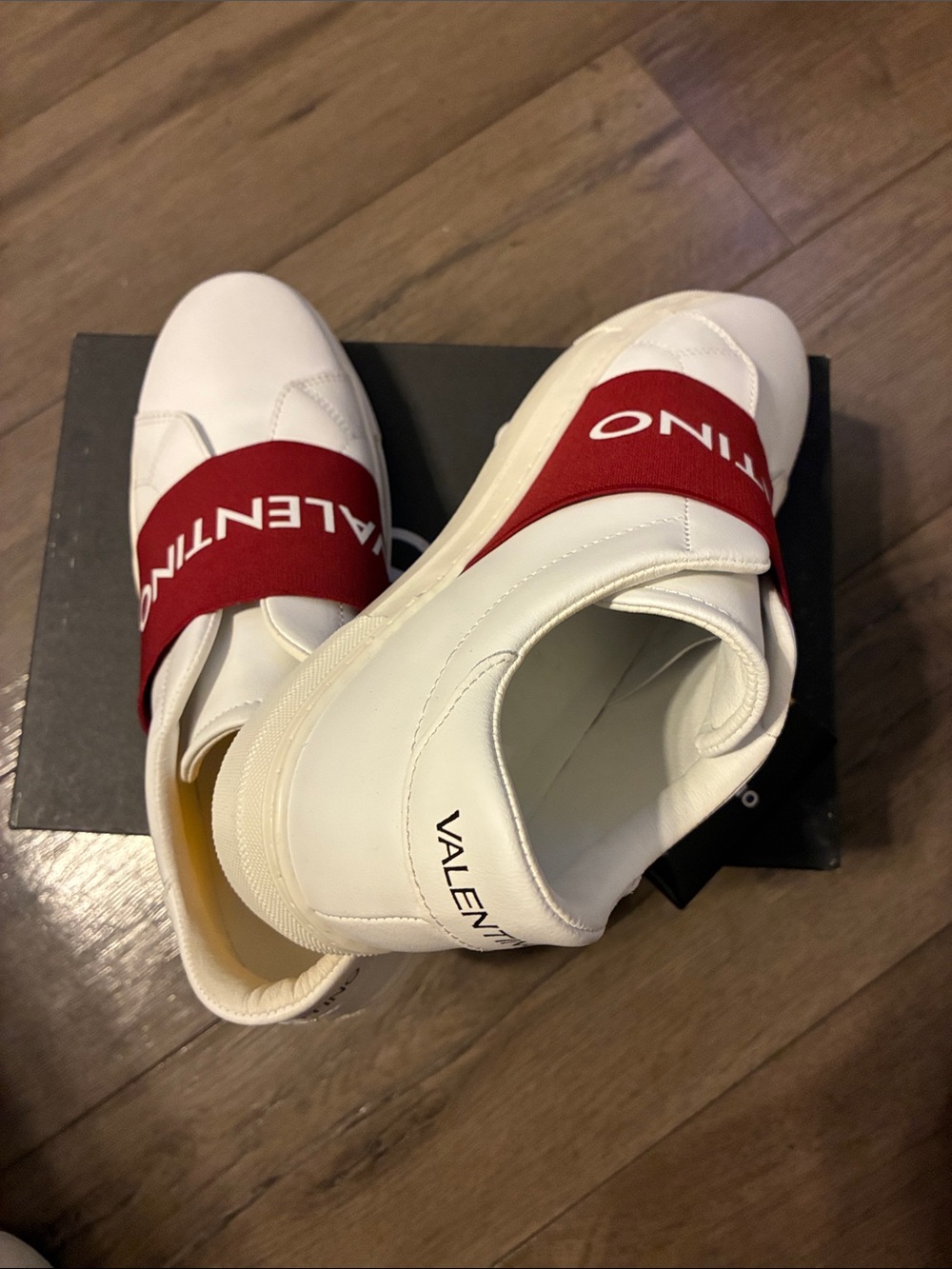 Valentino White Leather Slip-On Sneakers with Red Logo Band